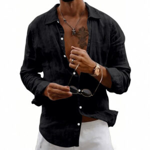 Loose-fit Cardigan With A Lapel Collar Versatile Linen Long-sleeve Shirt