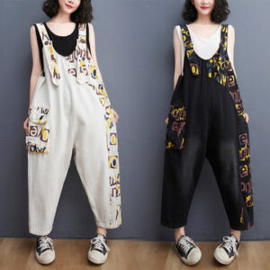 Women's Fashion Alphabet Print Large Size Denim Overalls